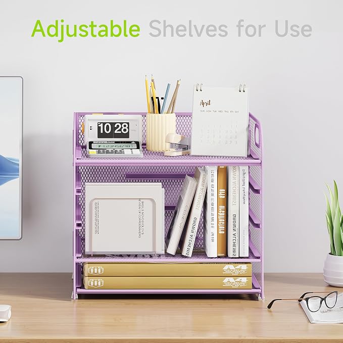 Cawukege 5 Tier Paper Organizer with Handle, Metal Mesh Desk Organizer File Folder Paper Letter Tray Desktop Document Sorter for Classroom, School, Office Accessories Organization and Storage - Purple