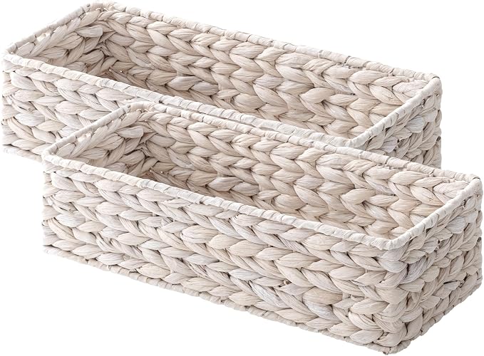StorageWorks Small Wicker Baskets for Bathroom Decor, Decorative Toilet Paper Basket for Back of Toilet Basket Tank Topper, Water Hyacinth Bathroom Basket Organizer for Storage, 2 Pack, White