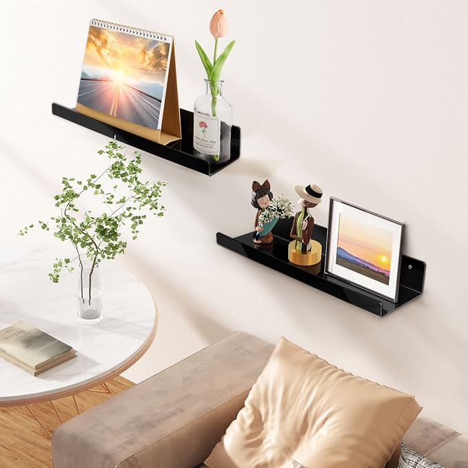 upsimples 2 Pcs 15" Acrylic Shelves for Wall Organize and Display, Black | Cute Floating Shelf for Perfume, Skincare, Nail Polish, Wall Organizer for Bedroom, Living Room, Playroom, Room Décor
