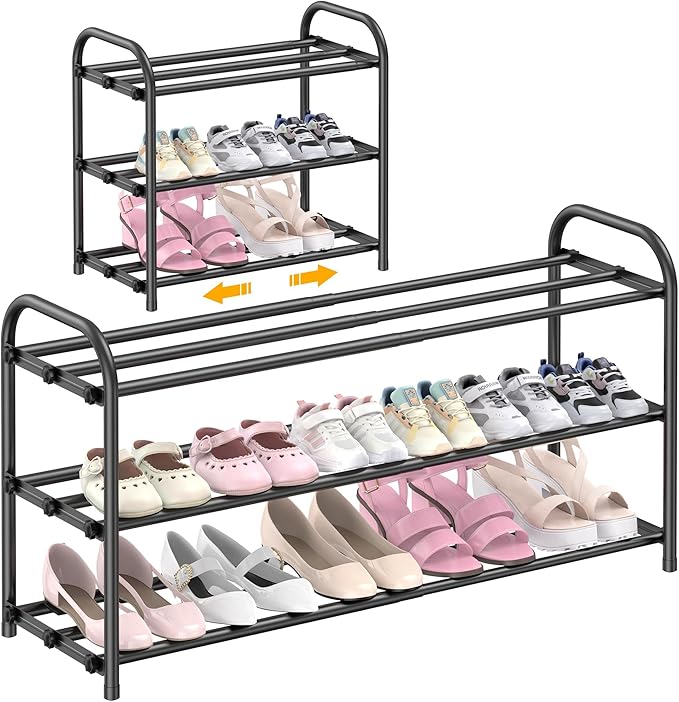 Hleelomi 3-Tier Expandable Shoe Rack for Entryway，Adjustable Metal Shoe Organizer for Closet,Living Room,Dorm,Black