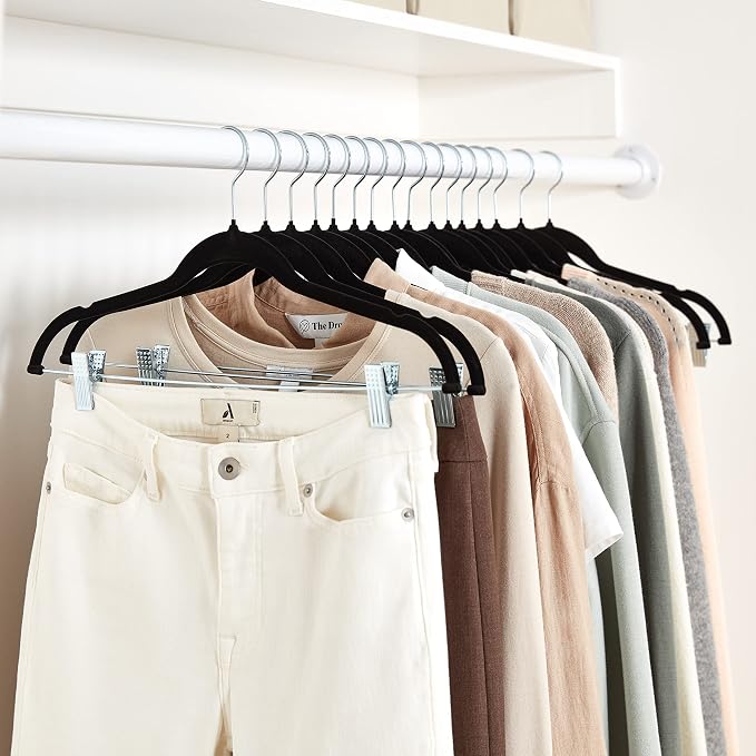 Amazon Basics Velvet Non-Slip Skirt Clothes Hangers with Clips, 360 Degree Rotatable Hook, Organize Pants and Skirts, Black/Silver, 24-Pack