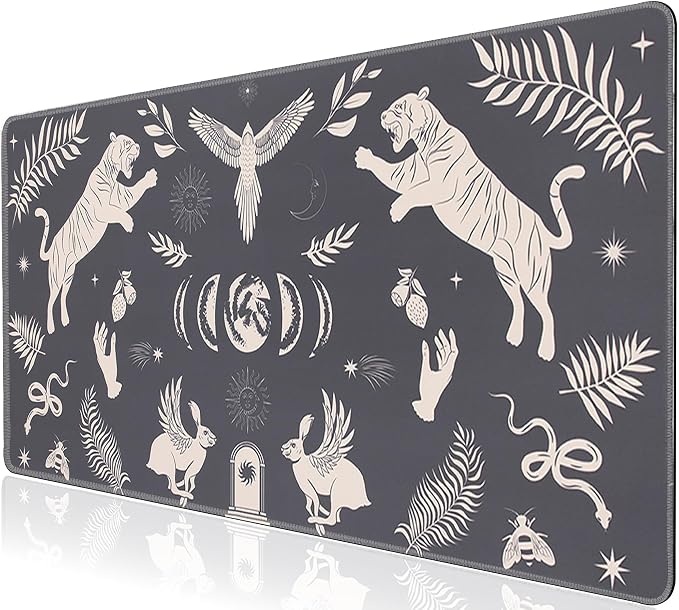 L-SPOUTTO Black Desk Mat for Keyboard and Mouse,Boho XXL Gaming Mouse Pad | Mystical Animals Large 35.4x15.7in Non-Slip Rubber Base Keyboard Pad Desktop Mat for Laptop Computer Work Home Office