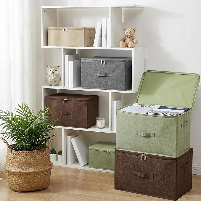 ANMINY 3PCS Storage Bins with Zipper Lids 13 Qt Lidded Fabric Storage Boxes Baskets Cubes with Handles Collapsible Washable Cotton Linen Closet Shelf Clothes Organizer Containers - Gray, Small