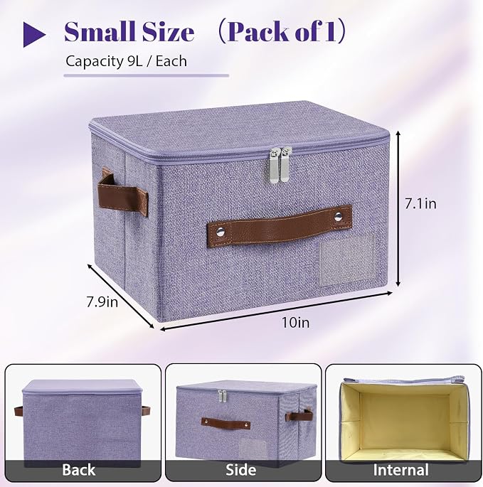 ANMINY Storage Bins with Zipper Lid Storage Boxes with Label Holder PU Leather Handles Washable Foldable Decorative Lidded Cotton Linen Fabric Cubes Baskets Closet Organizer - Purple, Small