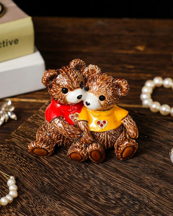 Hand Painted Trinket Box Enamel Vintage Jewelry Box Teddy Bear Gift Hinged Metal Jewelry Organizer Decorative Treasure Box Unique Valentine's Day Gifts Couple Bear B