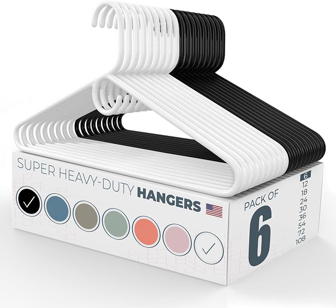 Super Heavy Duty Clothes Hangers 6 Pack – Made in the USA - 10lb Capacity, Thick Plastic Hangers for Pants, Coats, Jackets, Jeans and Adult Clothing – White & Black
