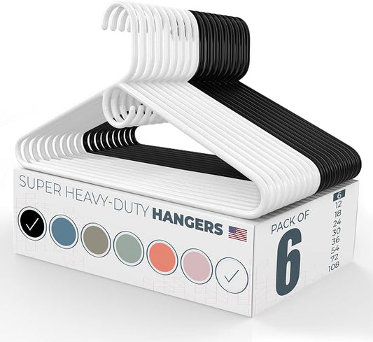 Super Heavy Duty Clothes Hangers 6 Pack – Made in the USA - 10lb Capacity, Thick Plastic Hangers for Pants, Coats, Jackets, Jeans and Adult Clothing – White & Black