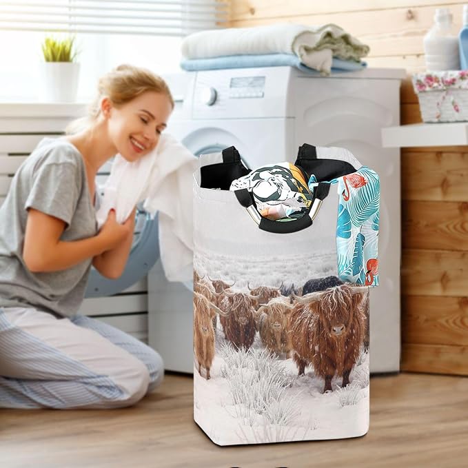 Winter Scottish Highland Cow Large Laundry Hamper Basket, Collapsible Laundry Bag Storage Bins Baskets with Handles for Laundry, Bedroom, Home Decor