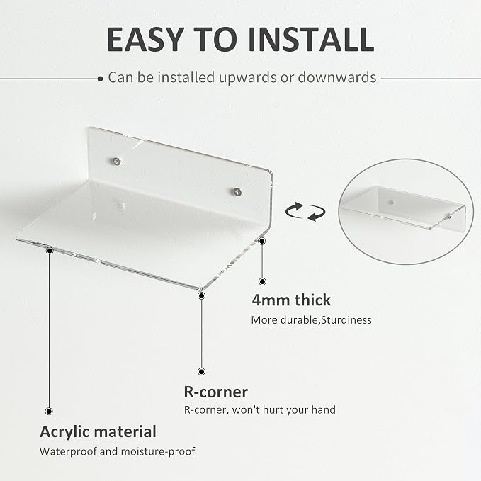 9 Inch Clear Wall Shelves, Acrylic Small Floating Shelf, Home Wall Display Shelf for Storage, Room Décor, Space Saving, Items Organizer, Bathroom Organizer, 4 Pack