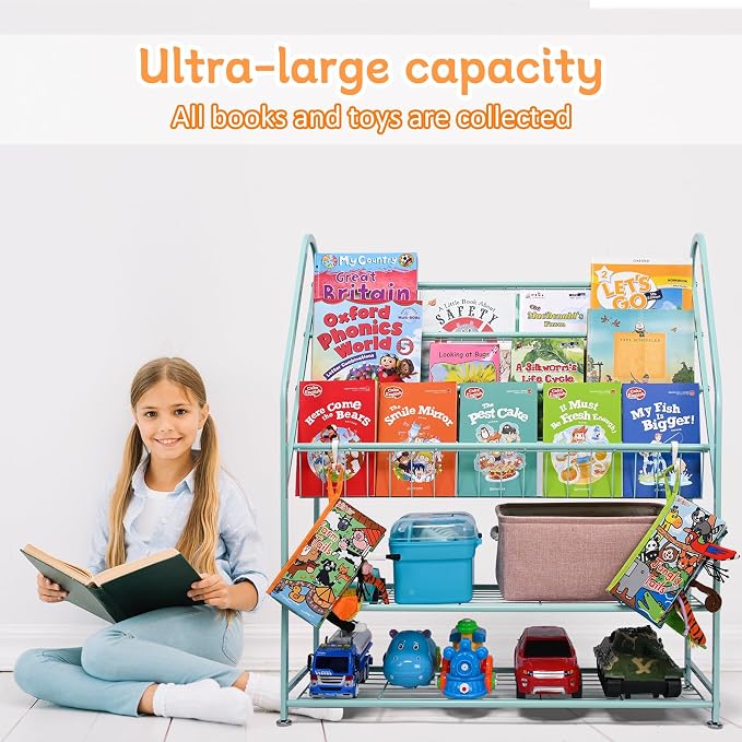 Kids Bookshelf Toy Storage, Bookcase Shelf for Children Room, 5-Tier Large Metal Cabinets Shelves Display, Freestanding Books Store Library, Bed Living Room Bins Organizer (Large, Green)
