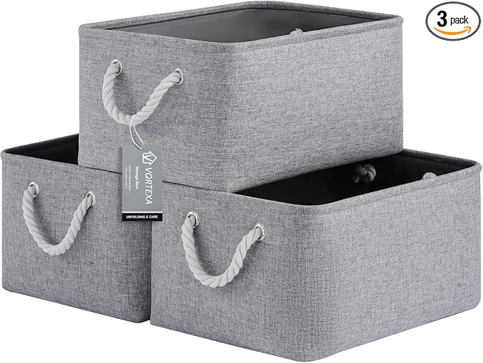 Large Storage Baskets- 15.7x11.8x8.26 inch Storage Bins for Shelves and Closet Organizing, Foldable Fabric Bin for Home Organization Clothes and Laundry (3-Pack, Gray)