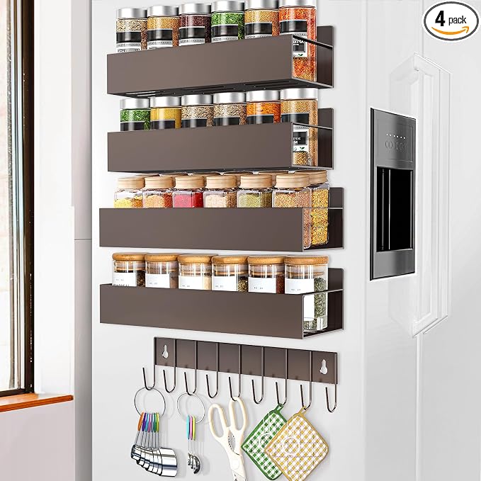 SMRCAD Magnetic Spice Rack Organizer for Fridge Seasoning Organizer for Kitchen storage with Screw Magnetic Shelf with Hook for Refrigerator and Oven (4pack1hook-Bronze)