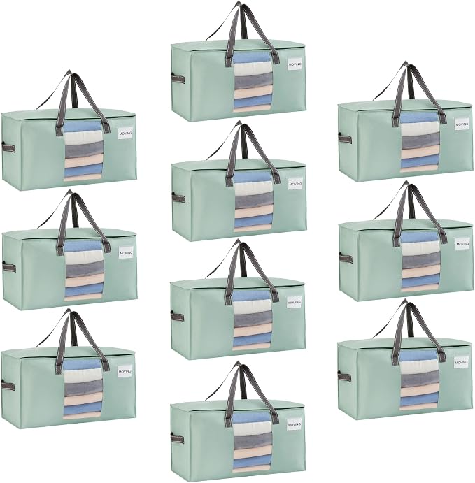 VENO 10 Pack Heavy Duty Moving Bags, Clothes and Comforter Storage Bags with Clear Window, College Dorm Essentials Packing Supplies, Foldable Boxes Alternative (Light Green Matte, 10 Pack)