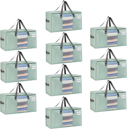 VENO 10 Pack Heavy Duty Moving Bags, Clothes and Comforter Storage Bags with Clear Window, College Dorm Essentials Packing Supplies, Foldable Boxes Alternative (Light Green Matte, 10 Pack)