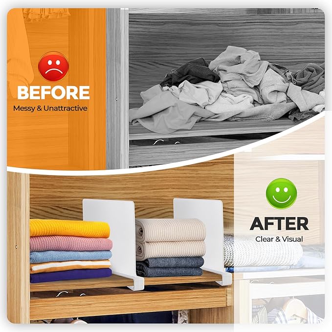White Acrylic Shelf Dividers for Closets Organizer & Storage,8 Pack | Adjustable Vertical Wood Shelf Closet Separators, Keep Clean, for Clothes,Book,Bags, in Bedroom and Kitchen