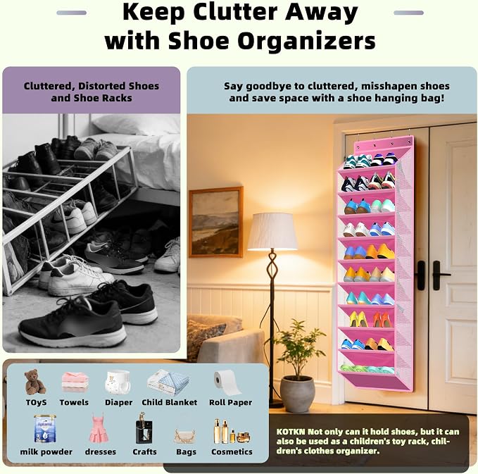 PAULONE 10-Pocket Multi-Use Over the Door Organizer, Heavy Duty 95lbs Capacity with Breathable Mesh, Versatile Hanging Storage for Shoes, Toys, Office Supplies-Classic (Blush Pink, 10-Shelf,)