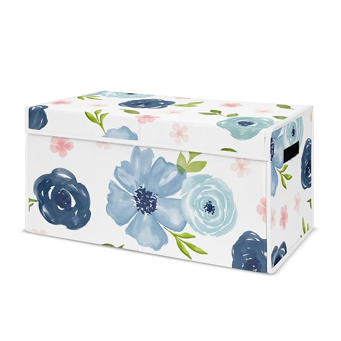 Sweet Jojo Designs Navy Blue Watercolor Floral Girl Small Fabric Toy Bin Storage Box Chest For Baby Nursery or Kids Room - Blush Pink, Green and White Shabby Chic Rose Flower