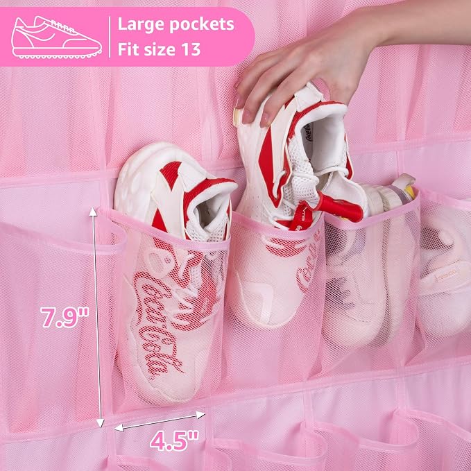 MISSLO 35 Large Pockets Over The Door Shoe Organizer Sturdy Oxford Fabric Hanging Shoe Rack for Door Mesh Closet Shoe Holder Hanger, Pink