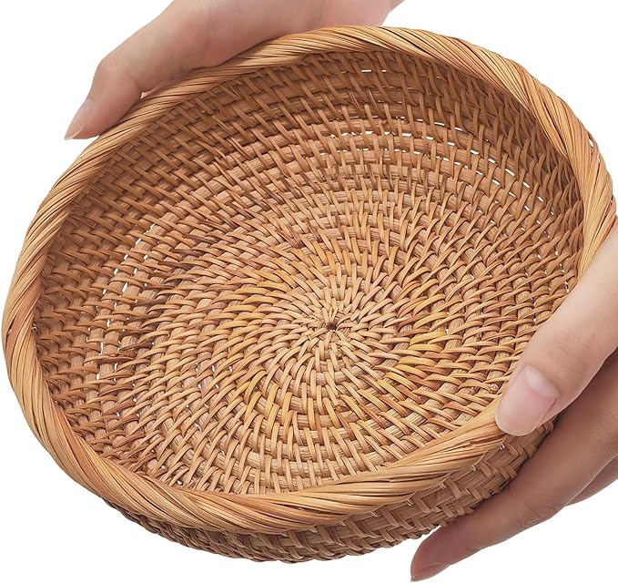 8" Round Small Wicker Basket, Artisanal Rattan Fruit Basket, Key Bowl for Entryway Table, Decorative Bowl for Kitchen Counter, Bedside, Living Room, Natural Woven Fruit Bowl, Purse Bowl, Bread Basket