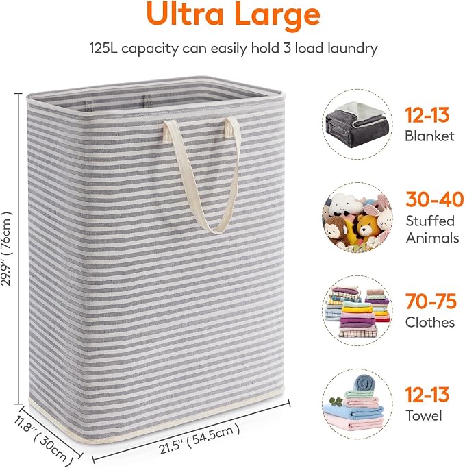 Lifewit 1 Pack Laundry Basket 125L Each, Collapsible Clothes Hamper with Reinforced Handles, Freestanding Waterproof Design for Bedroom and Laundry Room, Grey 125L Total