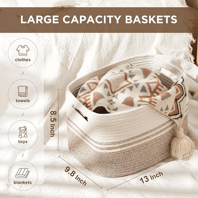 Temary Woven Storage Baskets, Set of 3 Rope Baskets for Storage Clothes, Towels, Versatile Boho Storage Bins (White&Brown, 13"x9.8"x8.5")