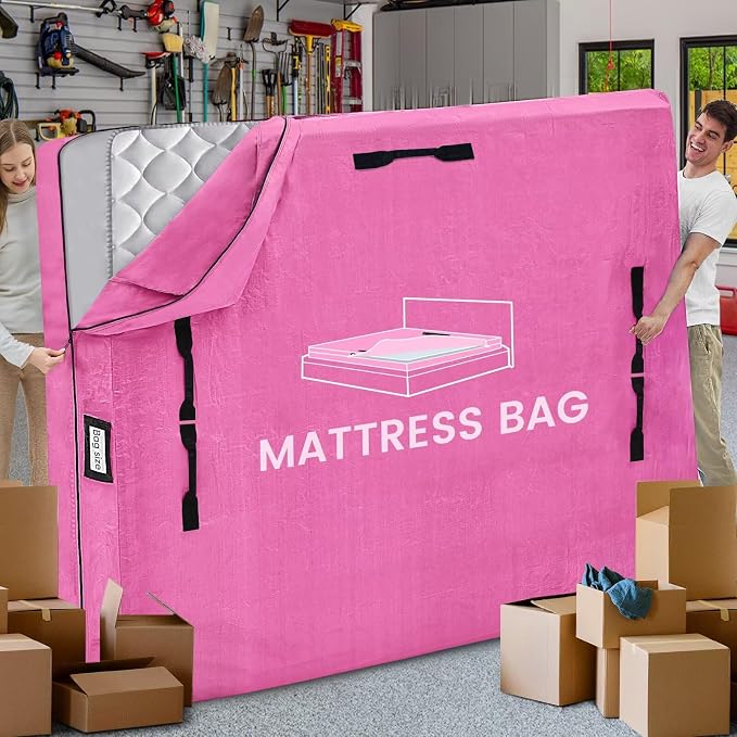 Mattress Bags for Moving and Storage, BETU Queen Mattress Protector Waterproof Mattress Cover with 8 Heavy Duty Handles and Zipper Extra Thick Moving Supplies for Bed Reusable (82x62x13.5 Pink)