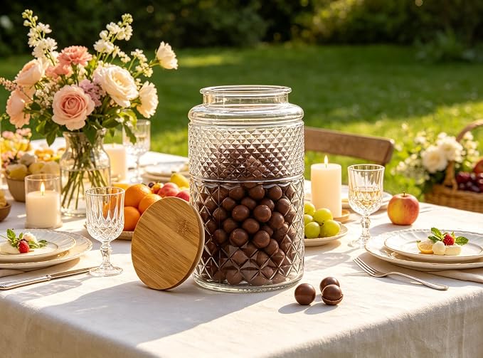Prettidecor 1 Gallon Large Airtight Glass Storage Jars with Bamboo Lid, Kitchen Pantry Bathroom Laundry Room Organizer Canisters for Flour, Sugar, Cookie, Pasta, Rice, Snack, Coffee Bean, Cereal