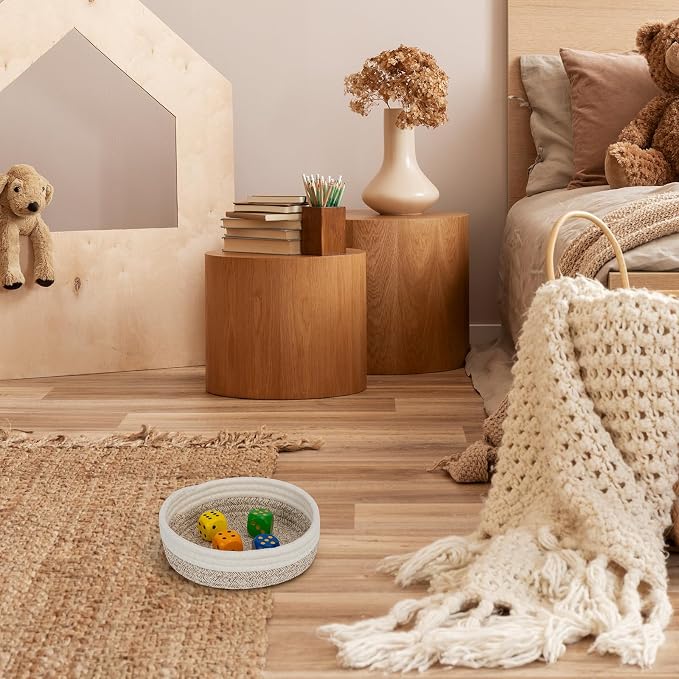 Small Shelf Storage Baskets for Organizing, 6 Pack Round Cotton Rope Bins, Decorative and Cute Woven Baskets for Bedroom and Closet, Key Tray Bowl, Home Decor Countertop Organizer (Brown Beige)