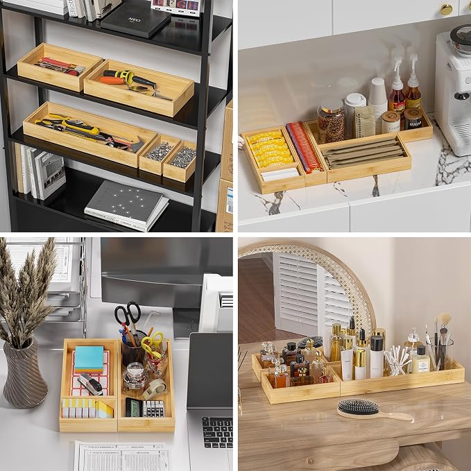Lixple Bamboo Kitchen Drawer Organizer, Stackable Utensil Holder Silverware Organizer Cutlery Tray - 2PCS Organizer Bins for Makeup Jewelries Flatware in Bathroom, Office Desk, Cabinets, 15x6x2 inch