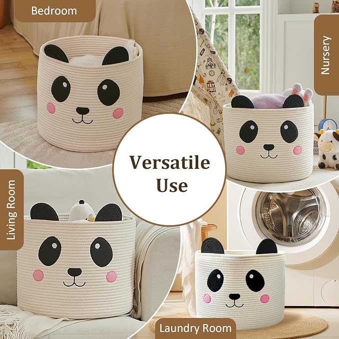 VK VK·LIVING Panda Storage Basket for Gift Foldable Cute Nursery Animal Toy Basket with Handles, Large Cotton Rope Baby Laundry Storage Organizer for Blankets Towels in Living Room Bedroom 15"D x 14"H