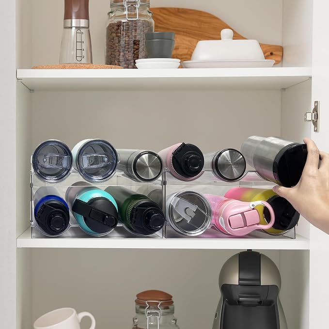 Spaclear 4 Pack Water Bottle Organizer, Stackable Kitchen Pantry Organization and Storage Shelf, Plastic Bottle Holder for Fridge Kitchen Cabinet Organizer and Storage, Tumbler Mug Cup Organizer