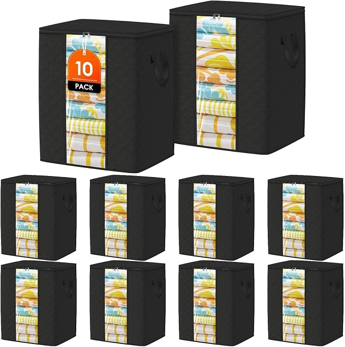 SpaceTrove Clothes Storage Bags, 10-Pack Comforter Blanket Organizers, 80L Large Capacity Containers with Visual Window for Clothing, Quilt, Sheet, Pillow, Closet Organization for Bedding (Black)