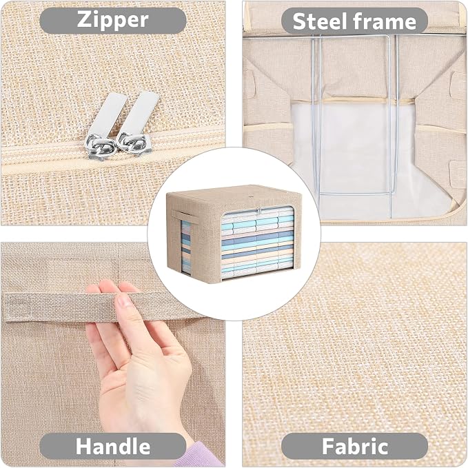 FHSQX 2 Pack Clothes Storage Bins with Metal Frame, Beige, 15.7x11.8x11.7 Inch