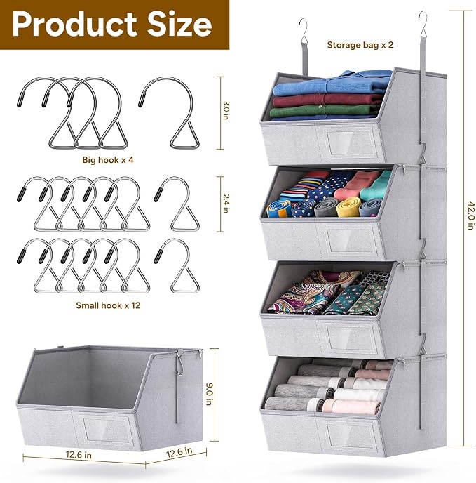 2 Pack 4-Tier Hanging Closet Organizer, Detachable Hanging Storage Shelves with Reinforced Side Panels, Hanging Closet Organizer for Clothes, Sweaters, Towels, Socks & Accessories, Gray
