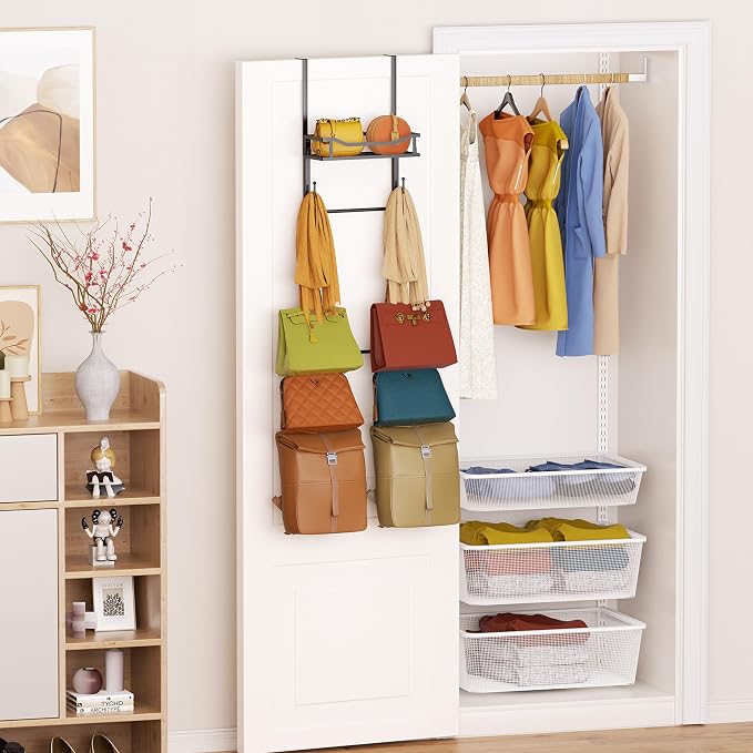 SWTYMIKI Over The Door Purse Organizer - Wall Mounted Purse Rack with 10 Hooks and Metal Basket, Handbag Hanger Organizer Holds up to 10 Bags, Bag Rack Can Use As 1/2 Part, for Door, Closet