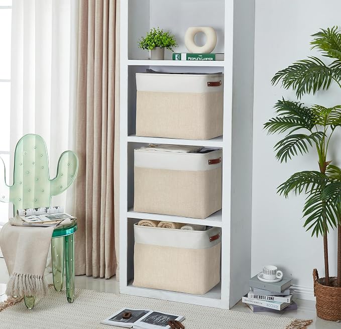 DECOMOMO Extra Large Storage Baskets, 54.5L Fabric Storage Bins for Organizing Linen Closet, Nursery (Khaki & White, XXXL - 3 pack)
