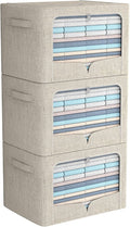 FHSQX 3 Pack Clothes Storage Bins with Metal Frame | Beige, 15.7x11.8x7.8inch (22L) ,Foldable, Metal Frame, Stackable, Linen Fabric, Carrying Handles & Clear Window