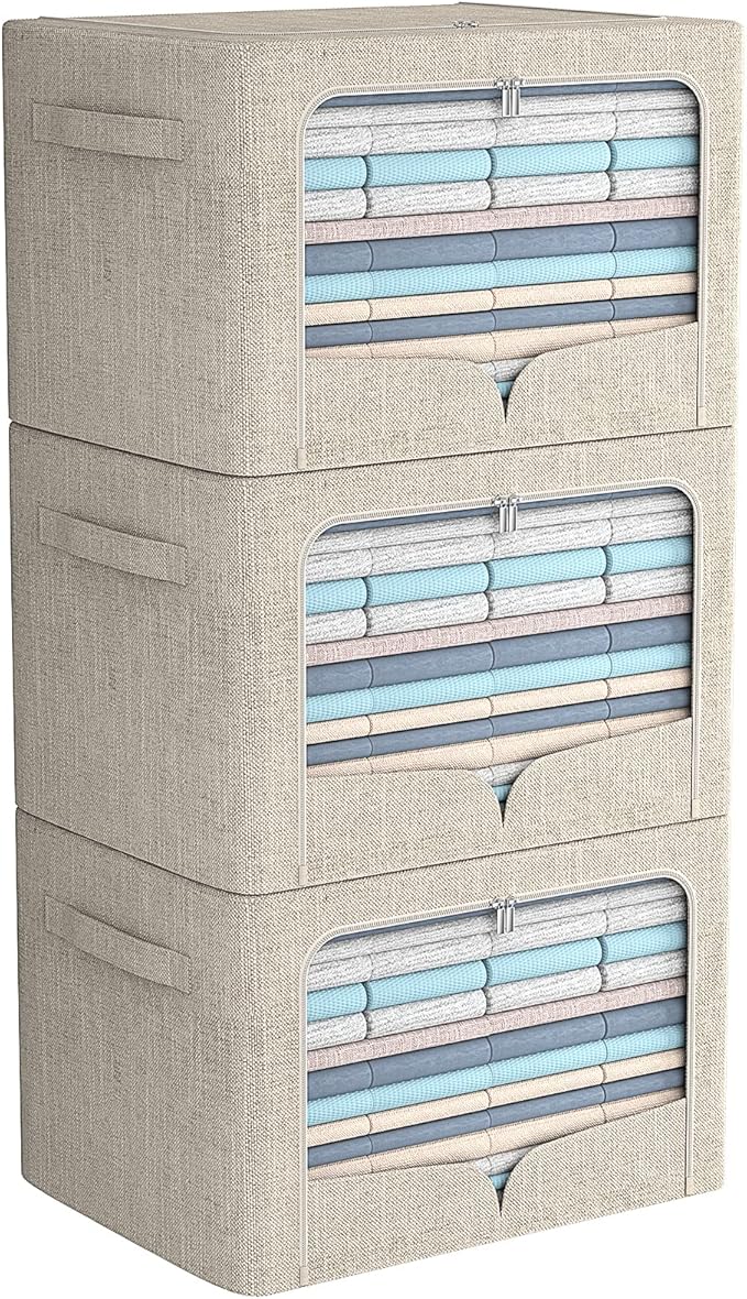 FHSQX 3 Pack Clothes Storage Bins with Metal Frame | Beige, 15.7x11.8x7.8inch (22L) ,Foldable, Metal Frame, Stackable, Linen Fabric, Carrying Handles & Clear Window