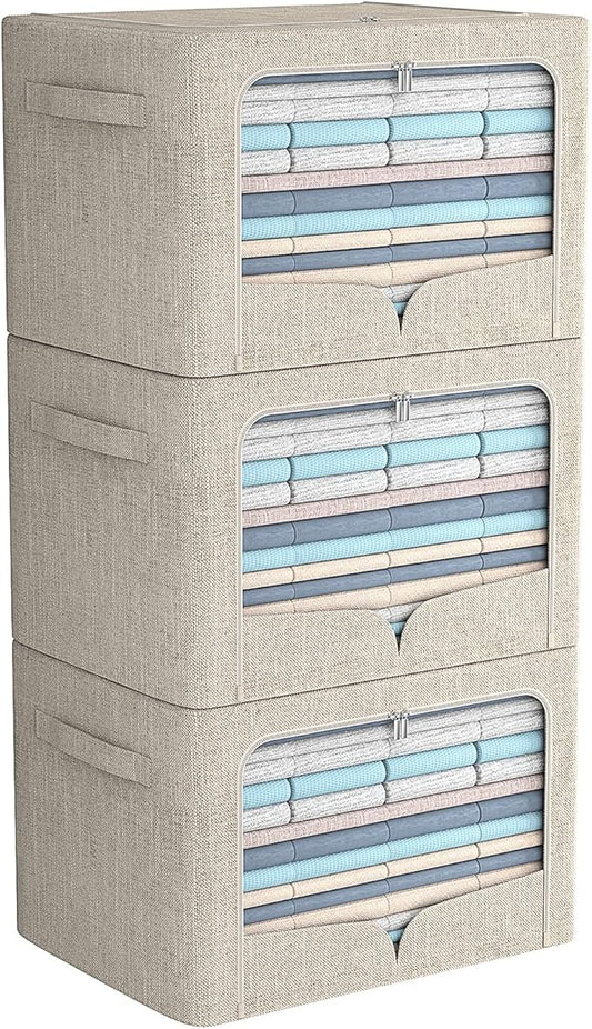 FHSQX 3 Pack Clothes Storage Bins with Metal Frame | Beige, 15.7x11.8x7.8inch (22L) ,Foldable, Metal Frame, Stackable, Linen Fabric, Carrying Handles & Clear Window