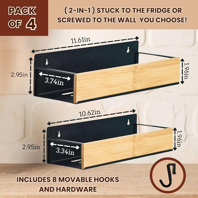 (4 Pack) Magnetic Spice Storage Rack Organizer for Refrigerator and Oven, 4 Strong Magnetic Shelf, Black Fridge Storage, Spice Rack Organizer, Metal-Bamboo