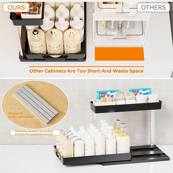 Yieach 2 Pack 10.8″ High Pull Out Under Sink Organizer,14.5″ Deep 2 Tier Slide Out Cabinet Organizer for Kitchen Cabinet,Undersink Organizers,Under Sink Shelves,Bathroom Organizers and Storage,Black