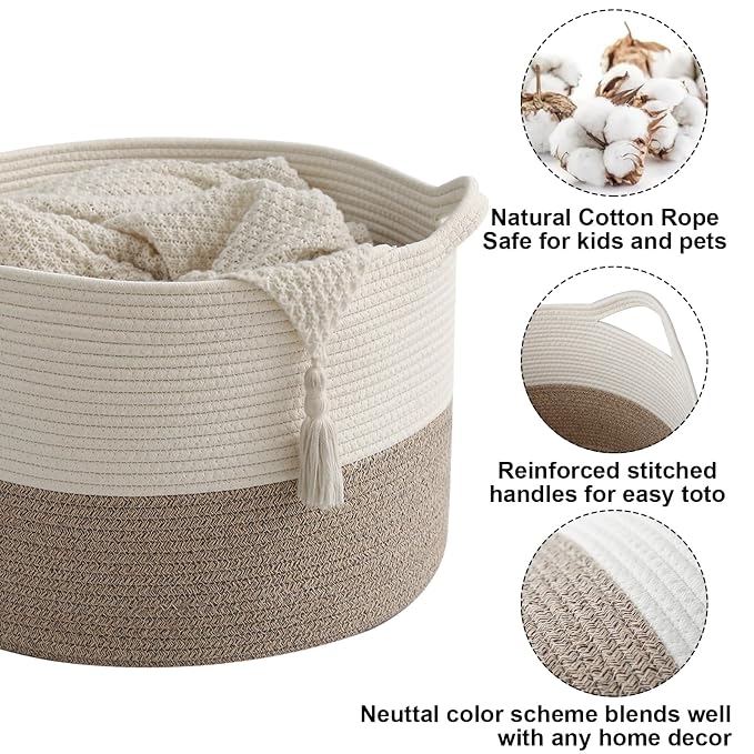 90L Extra Large Blanket Basket,Woven Rope Laundry Basket Hamper with Handles, Decorative Nursery Basket Storage Bin for Toys, Clothes Organizer, Living Room, Bedroom, Bathroom, White & Brown
