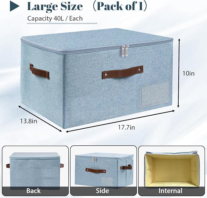 ANMINY Storage Bins with Zipper Lid Storage Boxes with Label Holder PU Leather Handles Washable Foldable Decorative Lidded Cotton Linen Fabric Cubes Baskets Closet Organizer - Blue, Large