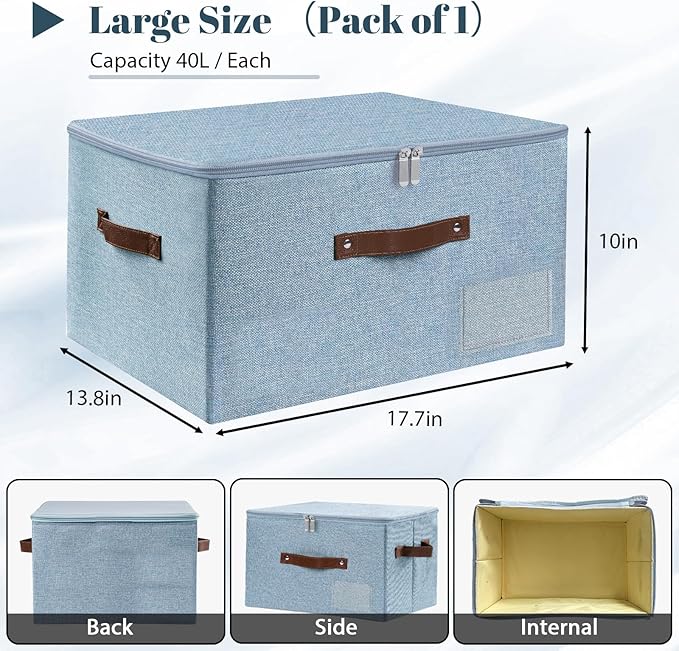 ANMINY 3PCS Storage Bins with Zipper Lid Storage Boxes with Label Holder PU Leather Handles Washable Foldable Decorative Lidded Cotton Linen Fabric Cubes Baskets Closet Organizer - Blue, Large