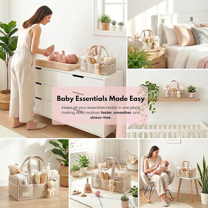 PeraBella Baby Diaper Caddy Organizer, Baby Basket Shower Gift Caddy, Portable Felt Changing Table Basket, Nursery Storage Bin, Newborn Boy and Girl Essentials for Registry, Car Diaper Organizer