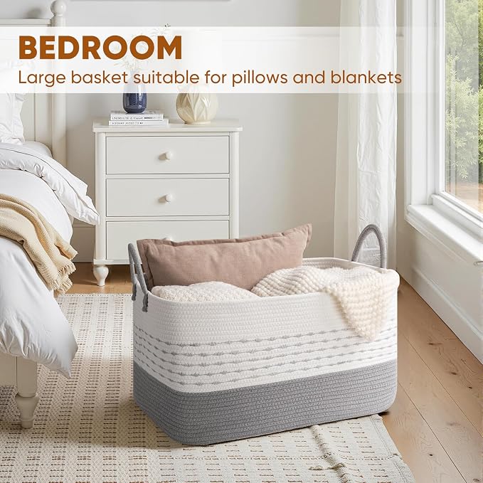 OIASKET 75L Large Cotton Rope Storage Basket, Soft Decorative Blanket Basket for Living Room & Bedroom, Boho Laundry Hamper with Handles Capable of Holding Pillows, Clothes and Toys-Grey & White