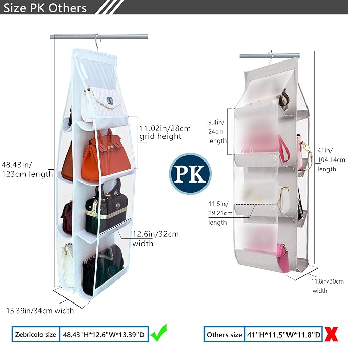 purse organizer, 2 Pack,purse organizer for closet, Upgrade Larger8 Pockets, hand bag storage organizer, thicken Metal Hooks, bag organizer, purse hanger，White