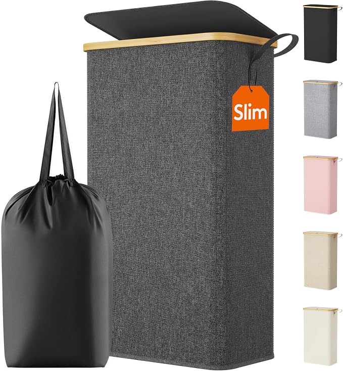 Lifewit 75L Slim Laundry Hamper with Lid, Narrow Laundry Basket with Removable Bag & Bamboo Handles, Fodable Thin Dirty Clothes Hamper for Laundry Collapsible Bin for Bathroom Bedroom Dorm, Dark Gray