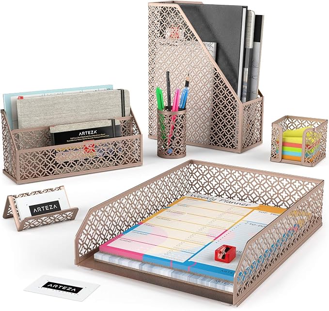 ARTEZA Desk Organizer Set, 6-Piece Rose Gold, Includes Pencil Cup, Letter Sorter, Tray, Magazine Holder, Name Card & Sticky Note Holder