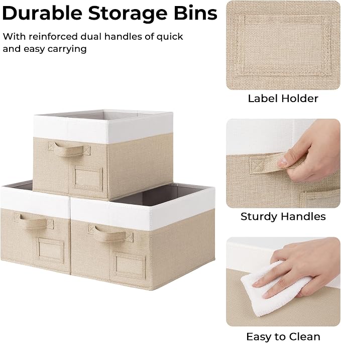 GRANNY SAYS Closet Storage Bins, Storage Baskets for Closet, Fabric Bins for Clothes, Closet Organizer Bins, Clothes Storage Organizer, Khaki&Ivory, Medium, 3-Pack